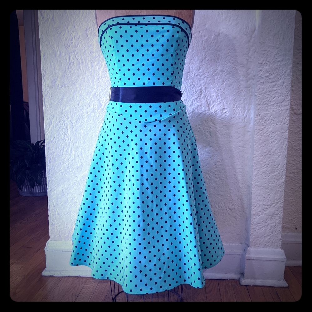 Ruby Rox strapless mint black polka dot dress